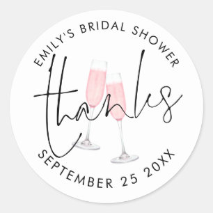 Pink Champagne Thanks Script White Bridal Shower Classic Round Sticker
