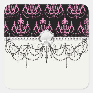 pink chandelier damask on black square sticker