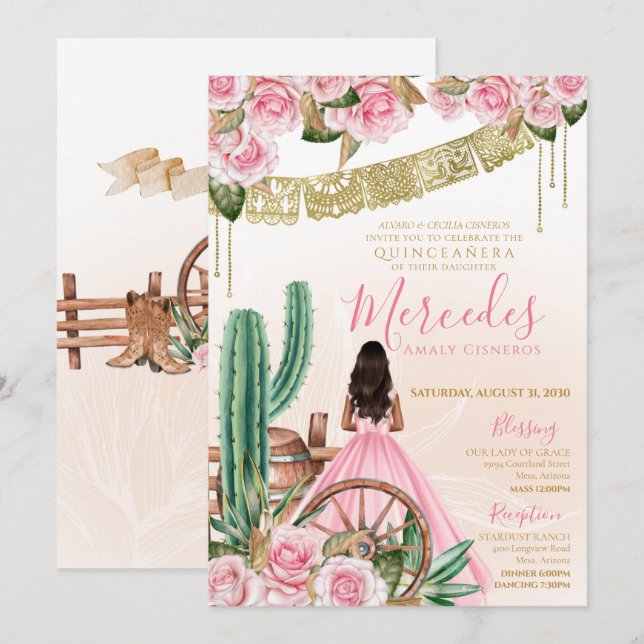 Pink Charro Western Beautiful Cacti Roses Quince Invitation (Front/Back)