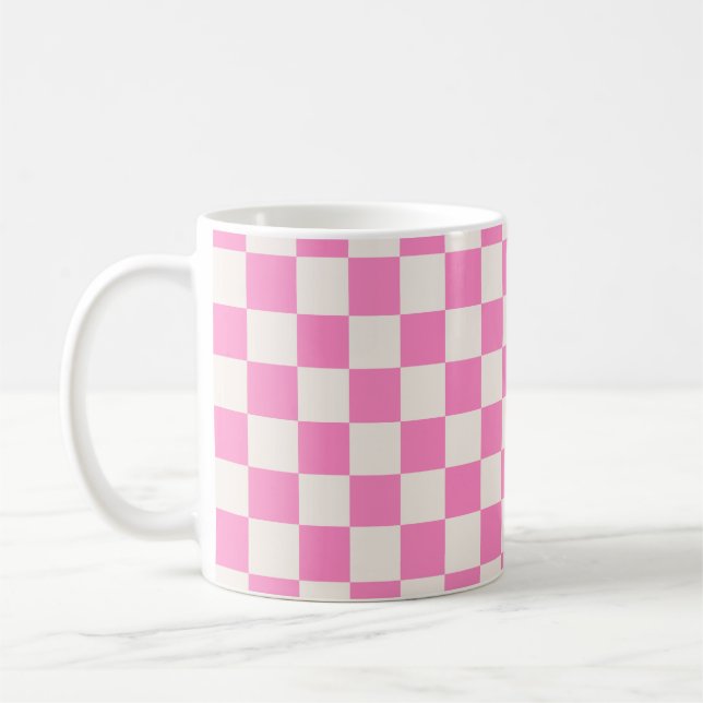 Pink Check, Chequerboard Pattern, Chequered Coffee Mug (Left)