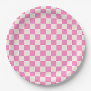 Pink Check, Chequerboard Pattern, Chequered Paper Plate