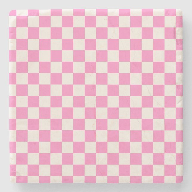 Pink Check, Chequerboard Pattern, Chequered Stone Coaster (Front)