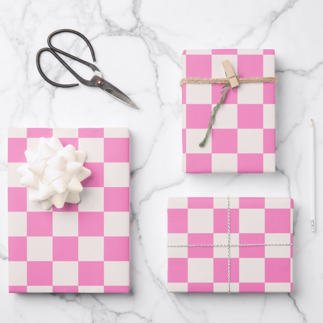 Pink Check, Chequerboard Pattern, Chequered Wrapping Paper Sheet (Front)