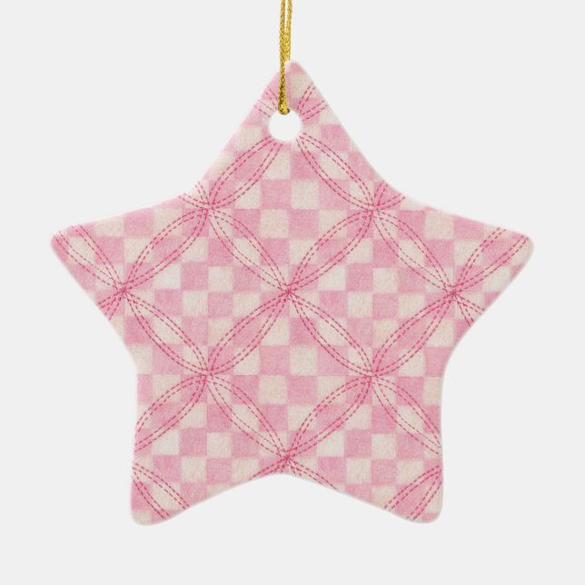 PINK CHECK QUILT Ceramic Star Ornament (Front)