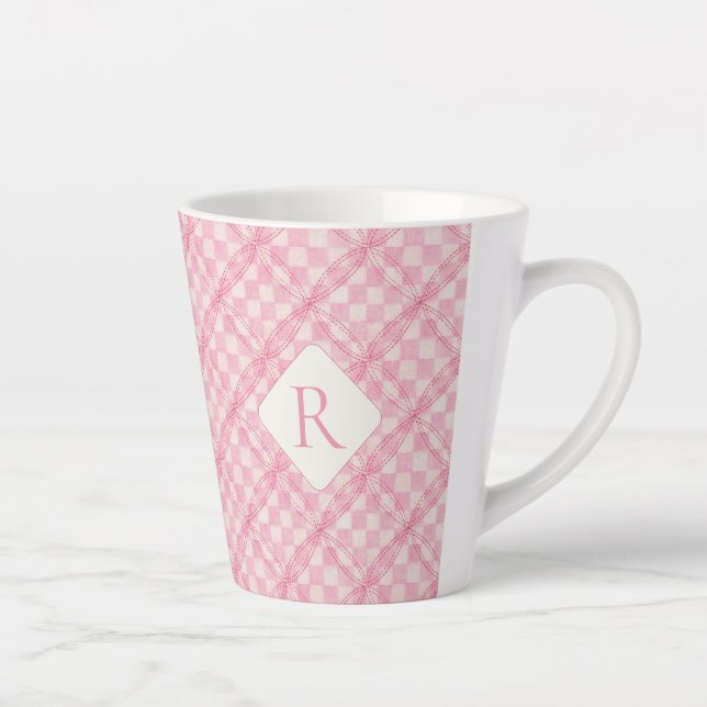 PINK CHECK QUILT Latte Mug + Initial (Right)