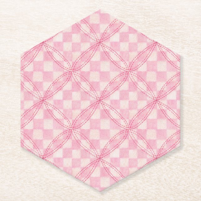 PINK CHECK QUILT Pointed Hexagon Paper Coasters (Front)