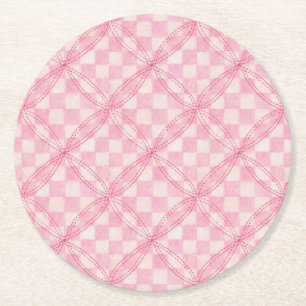 PINK CHECK QUILT Round Paper Coasters