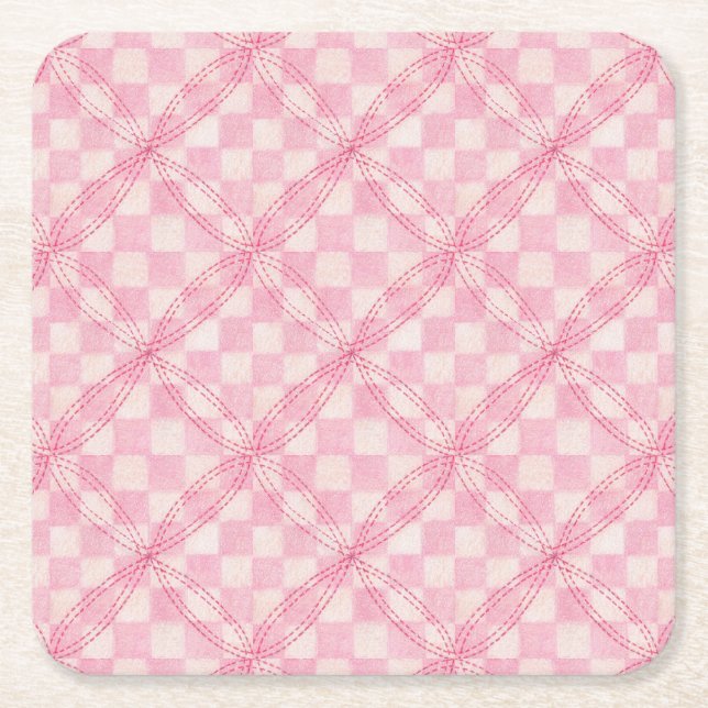 PINK CHECK QUILT Square Paper Coasters (Front)