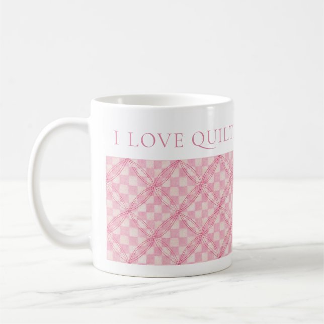 PINK CHECK QUILT White Mug + Text  (Left)