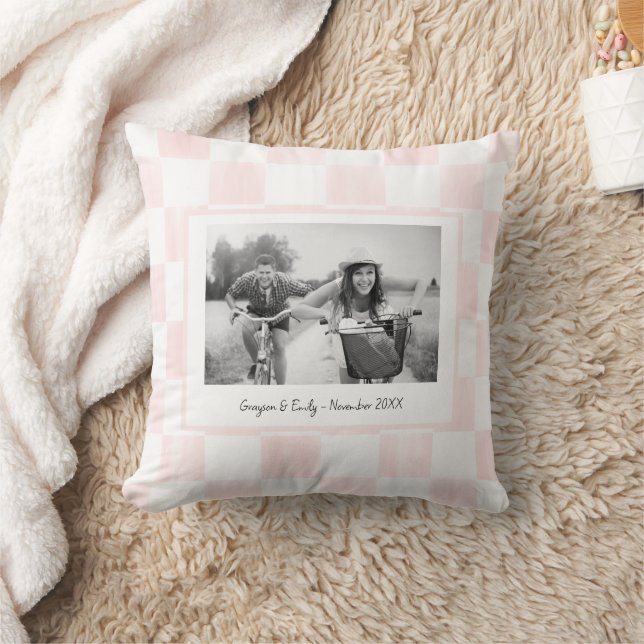 Pink Checkerboard Personalized Photo Throw Pillow (Blanket)