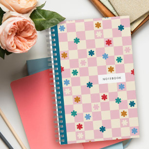 Pink Checkerboard Stars Flowers Pattern Notebook