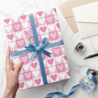 Pink Checkered Hearts Wrapping Paper