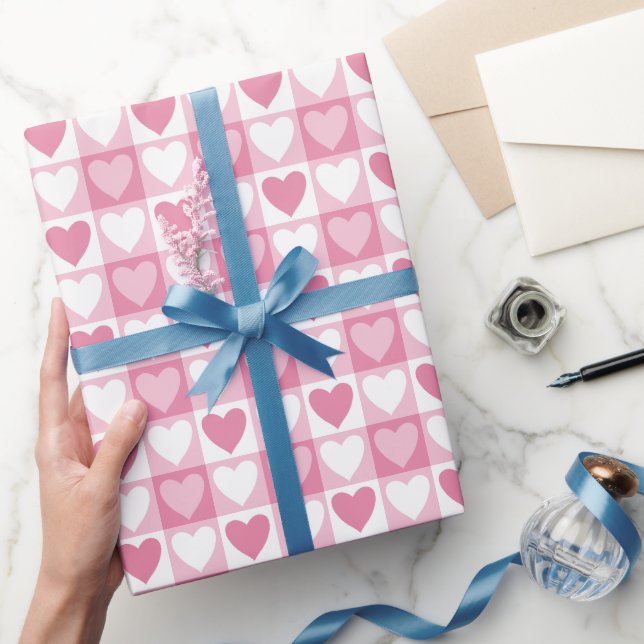 Pink Checkered Hearts Wrapping Paper (Gifting)