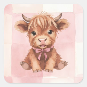 Pink Checkered Highland Cow Cute Gift Wrap Square Sticker