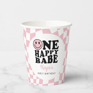 Pink Checkered Smile One Happy Babe 1st Birthday Paper Cups