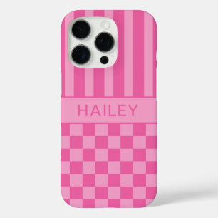 Pink Checkered Striped Personalized iPhone 16 Pro Case