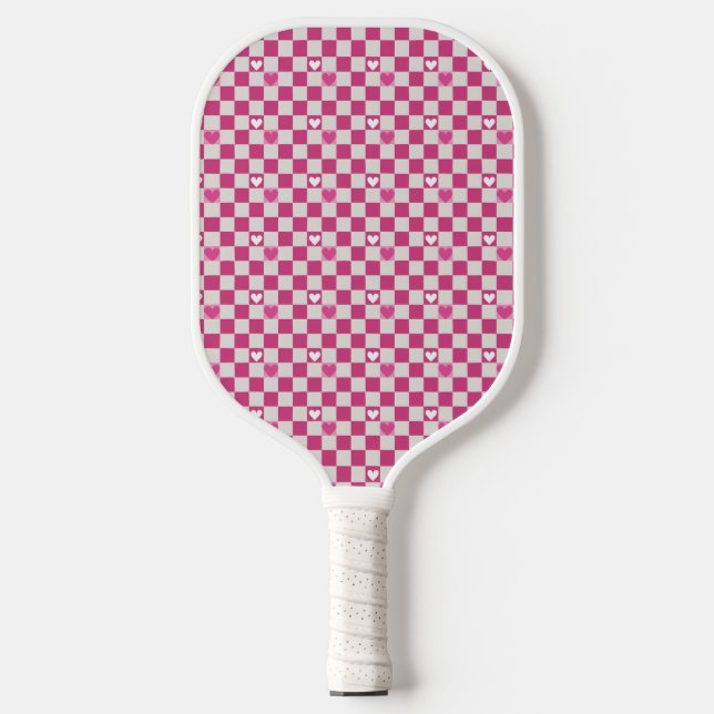 Pink Checkers & Hearts Pickleball Paddle (Front)