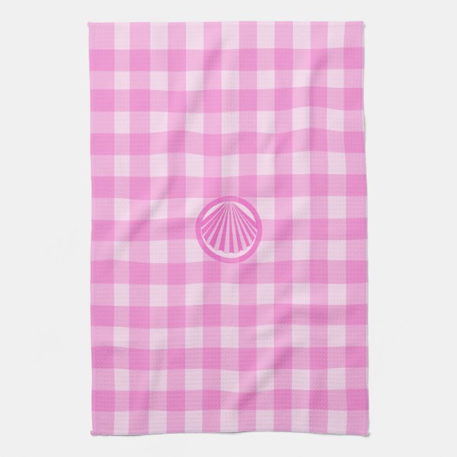 Pink Checkers with Sea Shell- Kitchen Towel (Vertical)