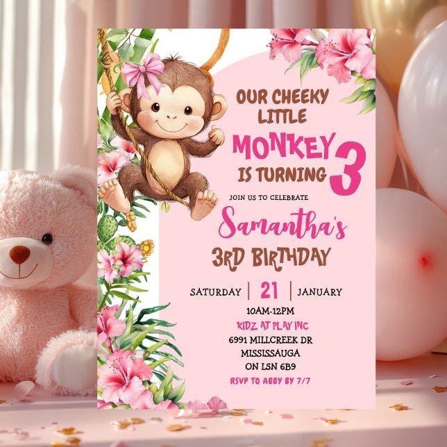 Pink Cheeky Little Monkey Savannah Theme Birthday Invitation (Creator Uploaded)