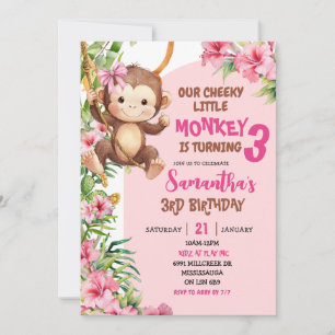 Pink Cheeky Little Monkey Savannah Theme Birthday Invitation