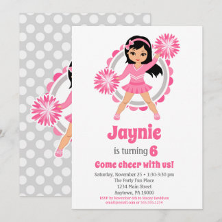 Pink Cheerleader Black Hair Girls Cheer Birthday Invitation