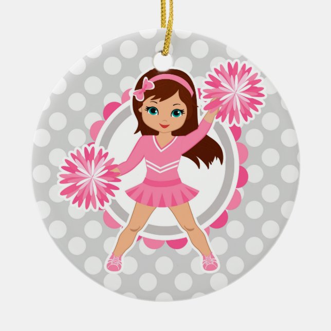 Pink Cheerleader Brunette - Cute Cheer Ceramic Ornament (Front)