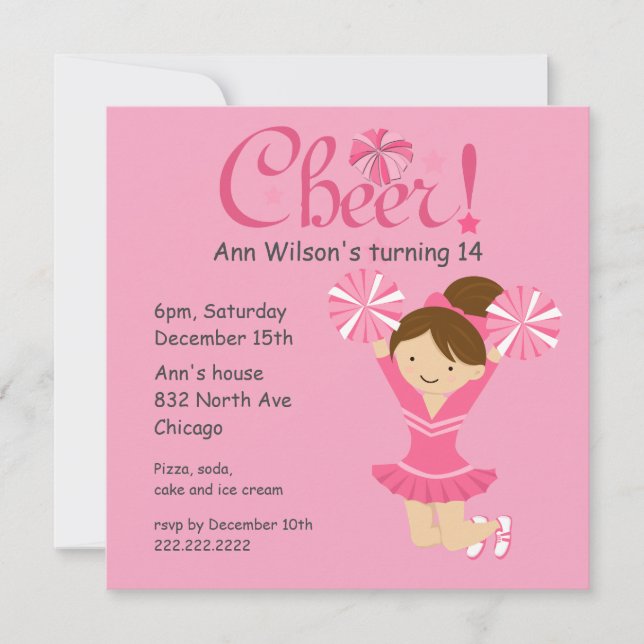 Pink Cheerleader Cheers Birthday Invitation (Front)