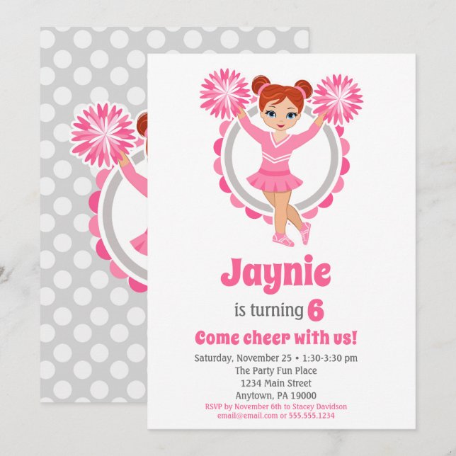 Pink Cheerleader - Redhead Girls Cheer Birthday Invitation (Front/Back)