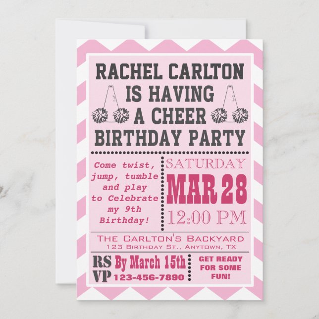 Pink Cheerleading Birthday Party Invitation (Front)