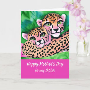 Pink Cheetah Cub + Mom Sister Mothers Day  Card