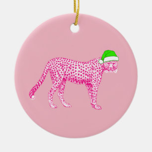 Pink Cheetah in a Santa Hat Ceramic Ornament