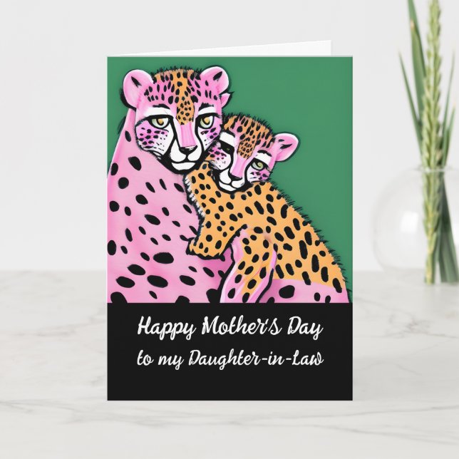 Pink Cheetah Mom + Cub Mothers Day Daughter-in-Law Card (Front)