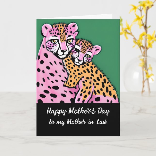 Pink Cheetah Mom + Cub Mothers Day Mother-in-Law Card (Yellow Flower)