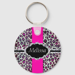 Pink Cheetah Print Diamond Monogram Keychain