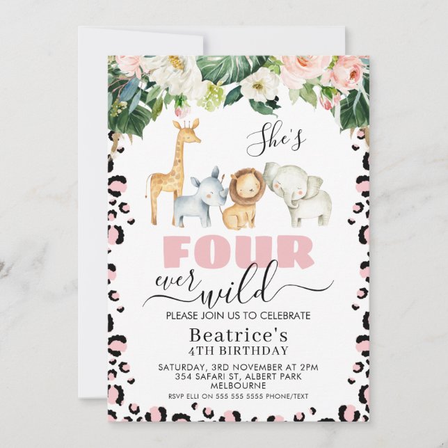 Pink Cheetah Print Four Ever Wild 4th Birthday Invitation (Front)