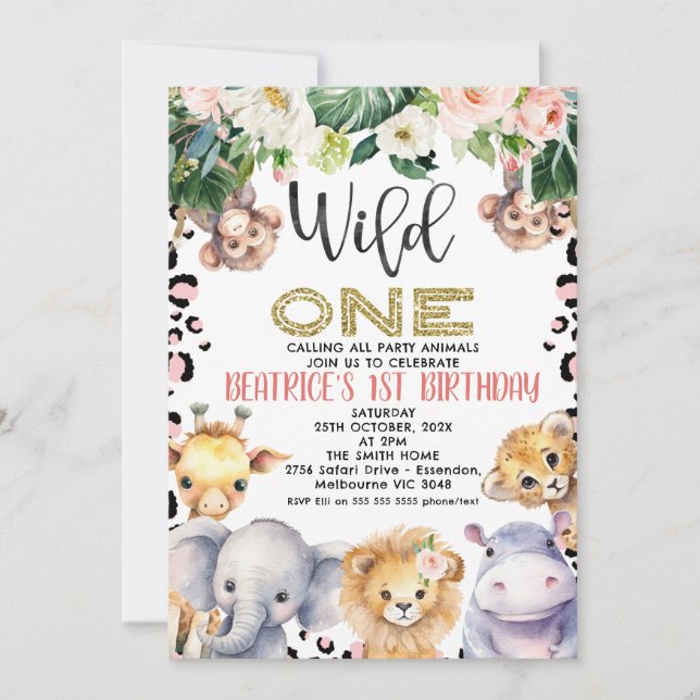 Pink Cheetah Print Safari Wild One 1st Birthday  Invitation (Front)