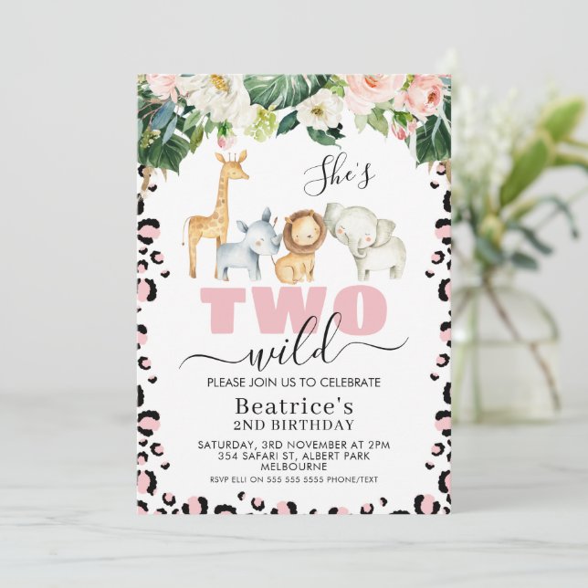 Pink Cheetah Print She's Two Wild 2nd Birthday Invitation (Standing Front)