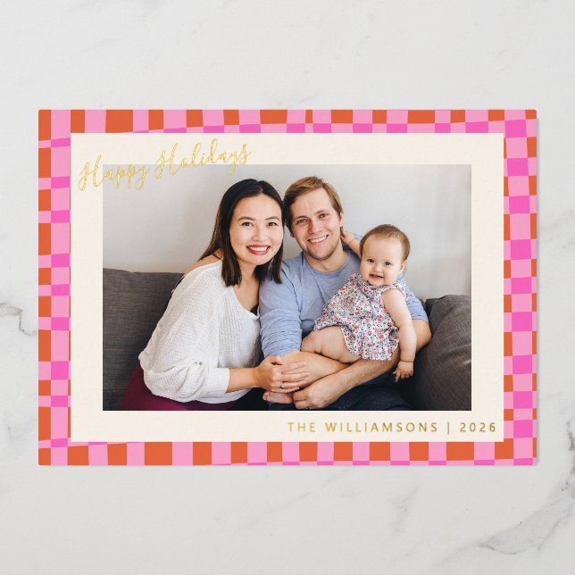Pink Chequerboard Colourful Retro Christmas Photo  Foil Holiday Card (Front)
