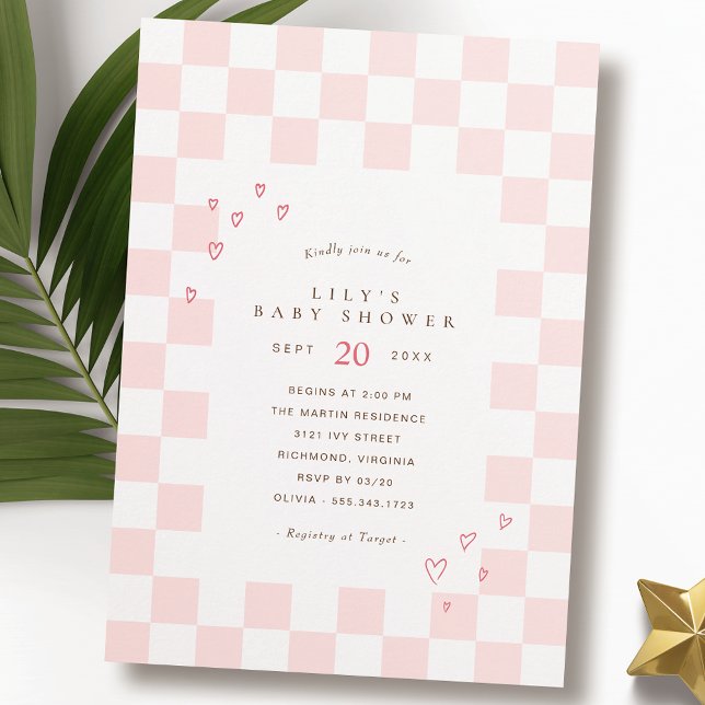 Pink Chequerboard | Cute Hearts Girl Baby Shower Invitation (Creator Uploaded)