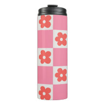 Pink Chequerboard Floral Travel Mug | Retro Flower