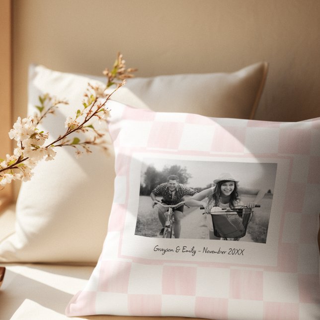 Pink Chequerboard Personalized Photo Throw Pillow (Creator Uploaded)