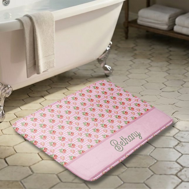 Pink Chequerboard Plaid Strawberry Gingham Pattern Bath Mat (Creator Uploaded)