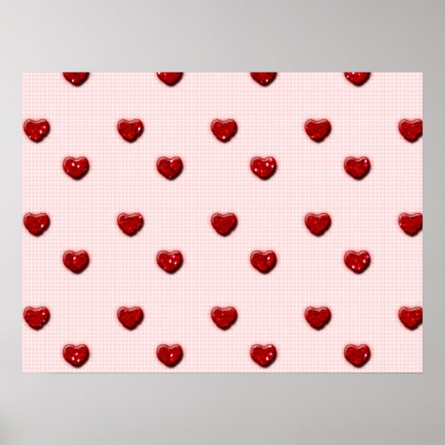 Pink Chequerboard Red Glitter Hearts Poster (Front)