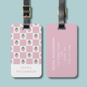 Pink Chequerboard Summer Strawberry Luggage Tag