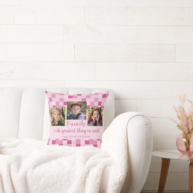 Pink Chequered 3 Photo Family is the Greatest Throw Pillow (Couch)