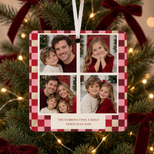 Pink Chequered 4 Photo Family Christmas Metal Ornament