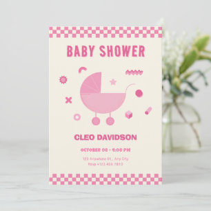 Pink Chequered baby stroller baby shower Invitation