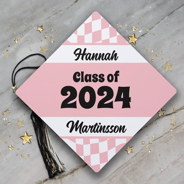 Pink Chequered Class of 2024 Graduation  Cap Topper (Pink and white checkered, retro-style Class of 2024 graduation tassel topper)