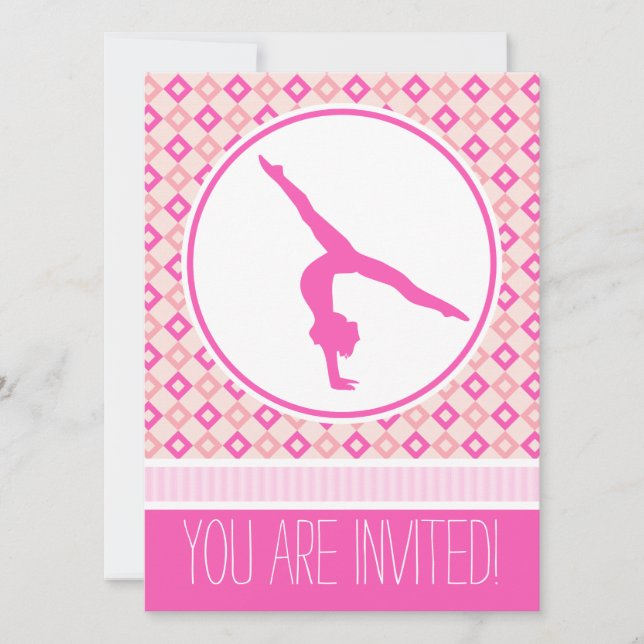 Pink Chequered Diamonds Gymnastic Party Invitation (Front)