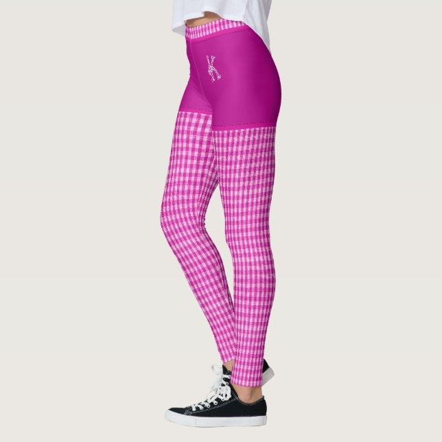 Pink Chequered Fabric Print Monogram Personalized Leggings (Left)